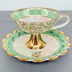 Lefton Japan Cup Saucer MH1424N Lustre‎ Teal Reticulated Circa 1950's